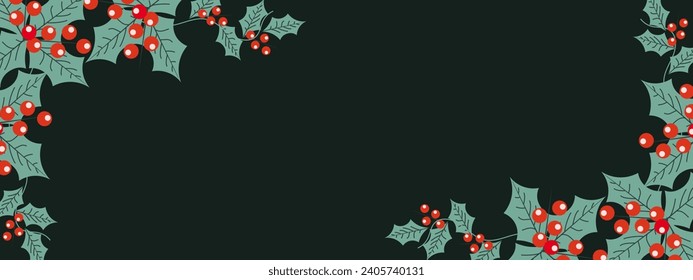 Trendy flat Christmas frame background with Holly berry and copy space. Holiday horizontal poster with space for text. Vector illustration can used web pages, social media card in retro style.