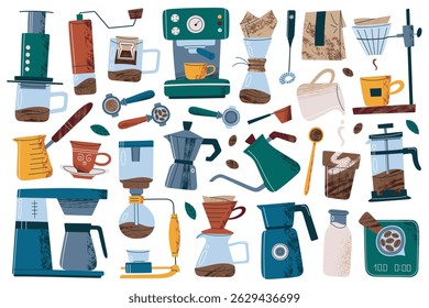 Trendy flat coffee equipment collection for home brewing and cafe. Espresso machine, pour over set, filter drip coffee and french press vector illustrations. Textured icon set for stickers and design