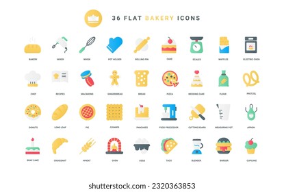 Trendy flat color icons for bakery food menu kitchen equipment, sweet cake and bread or loaf, pizza croissant, donut burger, chefs hat with apron, mixer with whisk vector illustration