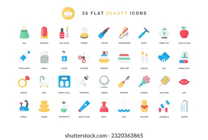 Trendy flat color icons for beauty skin, hair care, makeup cosmetics hygiene, including oil massage for body spa salon relax, herbal detox therapy, manicure, healthy fitness vector illustration