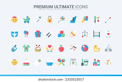 Trendy flat color icons set for baby care. Toys and rattle for game activity of kid, nappy diaper, pacifier for newborn, bed carriage for infant child, girl boy faces vector illustration