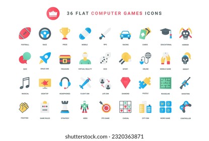 Trendy flat color icons set of computer games including digital race, fight and space simulator, shooter, RPG, strategy and education games for PC and mobile phone vector illustration.