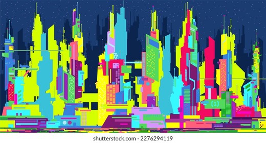 Trendy Flat Colorful Abstract Futuristic Sci-fi Cyber Space City Landscape Vector Illustration