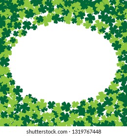 Trendy flat confetti from clover petals in the shape of an ellipse on a white background on the day of St. Patrick. Vector illustration. EPS10.