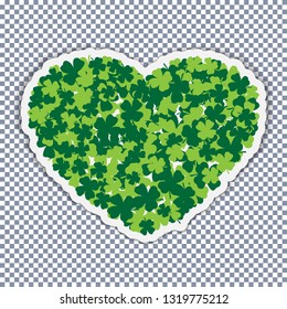 Trendy flat confetti of clover petals in the shape of a heart on a transparent background for St. Patrick's Day. Vector illustration isolated on the checked background. Template, banner, flyer. EPS10.