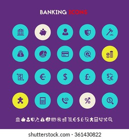 Trendy flat design banking icons on bright round buttons