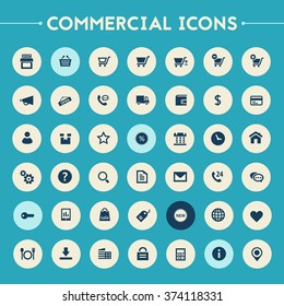 Trendy flat design big commercial icons set on bright round buttons