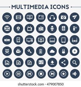 Trendy flat design big Multimedia icons set on round buttons