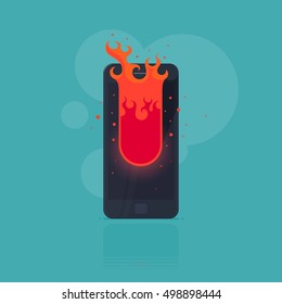 Trendy flat design broken smartphone explosion with burning fire