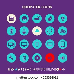 Trendy flat design computer icons on bright round buttons
