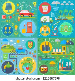 Trendy flat design ecology vector set of web icons. Ecological friendly, low zero emission. Modern green power plants and energy producing stations. Save Earth.