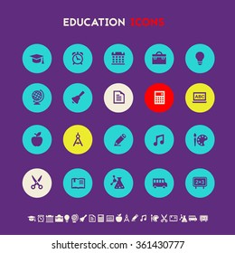 Trendy flat design education icons on bright round buttons