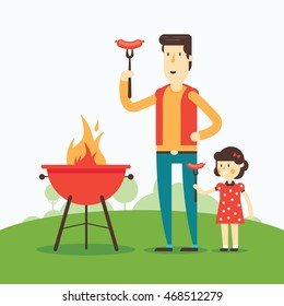 Trendy flat design illustration of a father and daughter spending time together by grilling bbq sausages in the park. Good happy family concept. Great style and colors.  