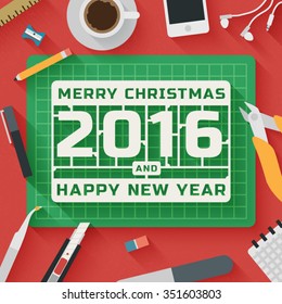 Trendy Flat Design Illustration: Merry Christmas and 2016 Happy New Year workplace. Icons set of plastic model kit work flow items, elements and gadgets