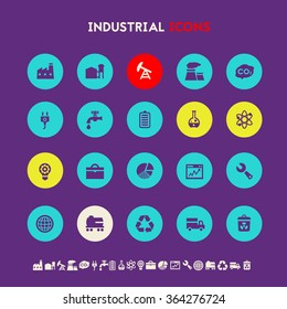 Trendy flat design industrial icons on bright round buttons