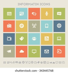 Trendy flat design information icons on colored square buttons