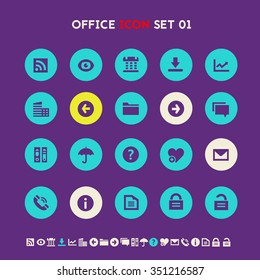 Trendy flat design office set 1 icons on bright round buttons