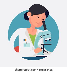 Trendy flat design round web icon on female scientist character at work | Concept design on chemistry laboratory specialist working on research and exploration 