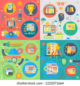 Trendy flat design SEO technology vector set of web icons. User web search experience, website ranking and marketing square concepts set.
