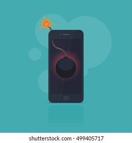 Trendy flat design smart phone with bomb