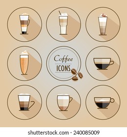 trendy flat design style coffee types icons- vector collection