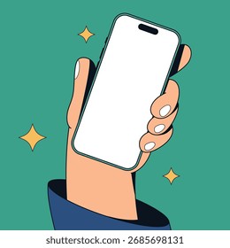 Trendige flache Design-Stil Hand halten Telefon Mockup mit Funkeln