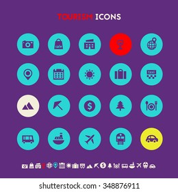 Trendy flat design tourism icons on bright round buttons