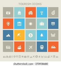 Trendy flat design tourism icons on colored square buttons