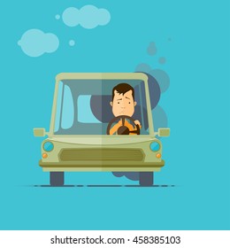 Trendy flat design vehicle sedan car accident after a car accident, a broken traffic and surly driver, vector illustrations EPS 10