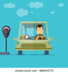 Trendy flat design vehicle sedan and surly driver, close up of parking ticket placed under windshield wiper of a car, parking device, vector illustrations EPS 10