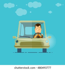 Trendy flat design vehicle sedan car accident after a car accident, a broken traffic and surly driver, broken car headlight, vector illustrations EPS 10