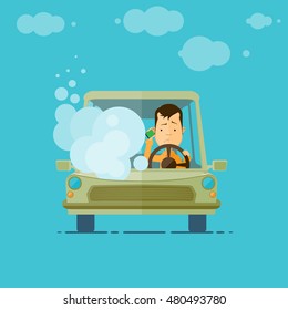 Trendy flat design vehicle sedan car accident after a car accident, a broken traffic and surly driver, calls in support of, vector illustrations EPS 10