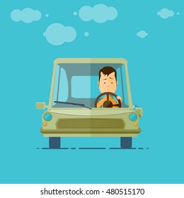 Trendy flat design vehicle sedan car accident after a car accident, a broken traffic and surly driver, mirror broken, vector illustrations EPS 10