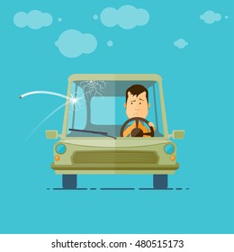 Trendy flat design vehicle sedan car accident after a car accident, a broken traffic and surly driver, crack on the windshield, vector illustrations EPS 10