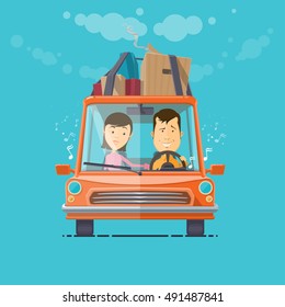 Trendy flat design vehicle sedan car traveling by car travel, music plays a girl and cheerful driver, vector illustrations EPS 10