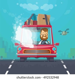 Trendy flat design vehicle sedan car accident after a car accident, a broken traffic and surly driver, background town, trees, the sky with cargo quadrocopter, vector illustrations EPS 10