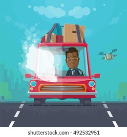 Trendy flat design vehicle sedan car accident after a car accident, a broken traffic and surly driver, background town, trees, the sky with cargo quadrocopter, vector illustrations EPS 10