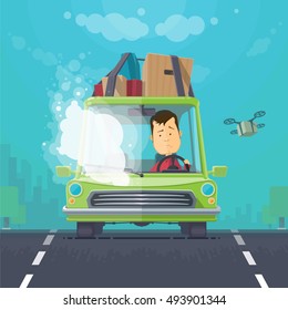 Trendy flat design vehicle sedan car accident after a car accident, a broken traffic and surly driver, background town, trees, the sky with cargo quadrocopter, vector illustrations EPS 10