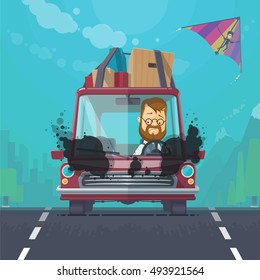 Trendy flat design vehicle sedan car accident after a car accident, a broken traffic and surly driver, hang-glider in the sky, vector illustrations EPS 10