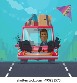 Trendy flat design vehicle sedan car accident after a car accident, a broken traffic and surly driver, hang-glider in the sky, vector illustrations EPS 10