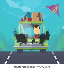 Trendy flat design vehicle sedan car accident after a car accident, a broken traffic and surly driver, hang-glider in the sky, vector illustrations EPS 10