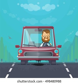 Trendy flat design vehicle sedan car accident after a car accident, a broken traffic and surly driver, engine motor oil leak, forest, vector illustrations EPS 10