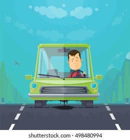 Trendy flat design vehicle sedan car accident after a car accident, a broken traffic and surly driver, engine motor oil leak, forest, vector illustrations EPS 10