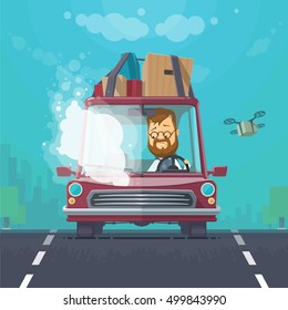 Trendy flat design vehicle sedan car accident after a car accident, a broken traffic and surly driver, background town, trees, the sky with cargo quadrocopter, vector illustrations EPS 10