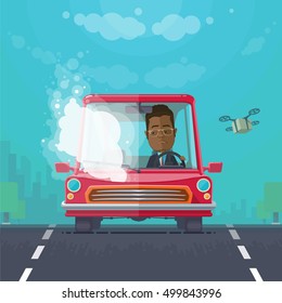 Trendy flat design vehicle sedan car accident after a car accident, a broken traffic and surly driver, background town, trees, the sky with cargo quadrocopter, vector illustrations EPS 10