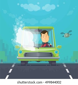 Trendy flat design vehicle sedan car accident after a car accident, a broken traffic and surly driver, background town, trees, the sky with cargo quadrocopter, vector illustrations EPS 10