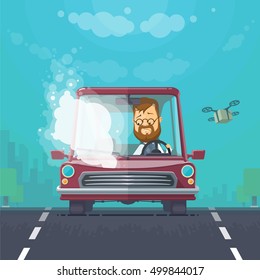 Trendy flat design vehicle sedan car accident after a car accident, a broken traffic and surly driver, background town, trees, the sky with cargo quadrocopter, vector illustrations EPS 10