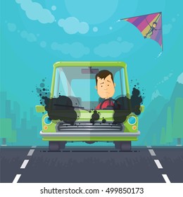 Trendy flat design vehicle sedan car accident after a car accident, a broken traffic and surly driver, hang-glider in the sky, vector illustrations EPS 10