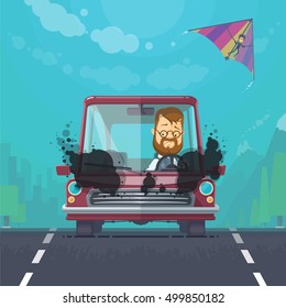 Trendy flat design vehicle sedan car accident after a car accident, a broken traffic and surly driver, hang-glider in the sky, vector illustrations EPS 10