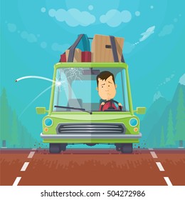 Trendy flat design vehicle sedan car accident after a car accident, a broken traffic and surly driver,aircraft in the sky, crack on the windshield, vector illustrations